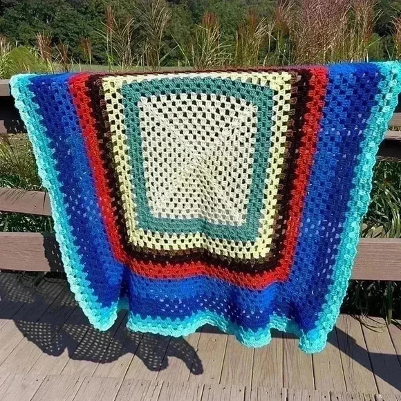Homemade crocheted tablecloth. Beautiful colors. Approximately 42” x 45”. - Picture 1 of 7